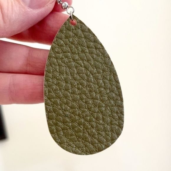 Faux Leather Earrings in Olive Green New Lightweight Teardrop Shaped - Picture 5 of 6